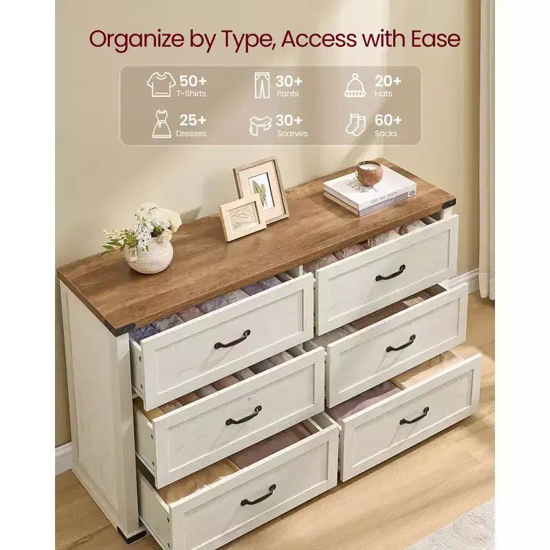 Commode 6 tiroirs, 137 cm de large, style ferme moderne, meuble TV avec poignées en métal et dispositifs anti-basculement