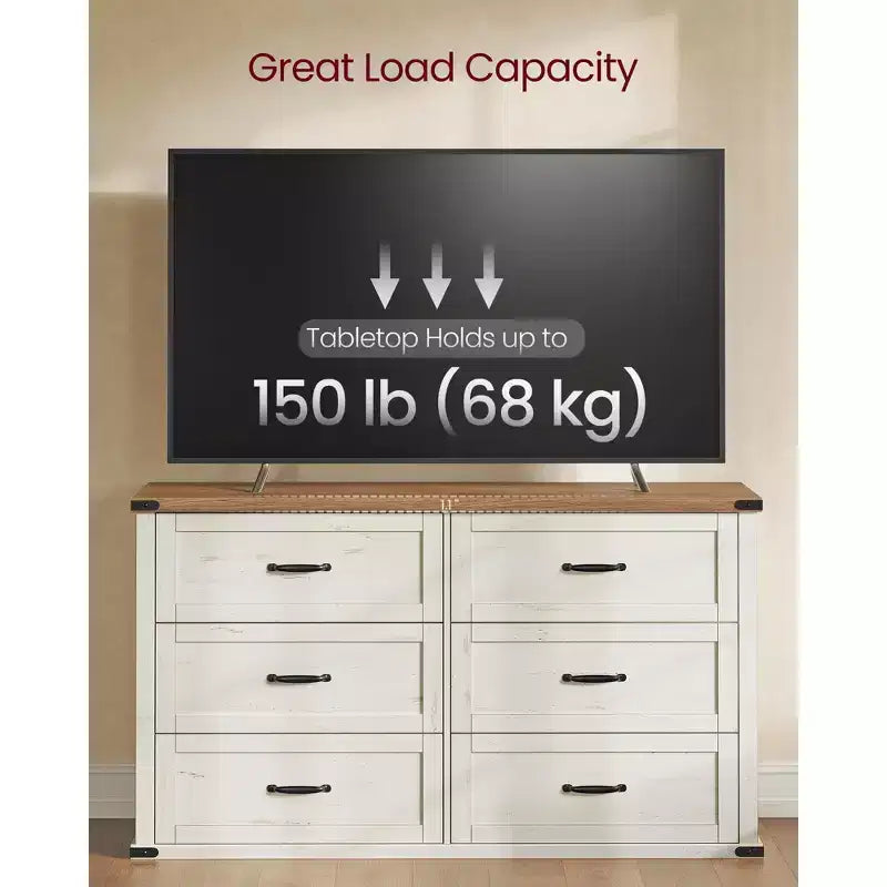 Commode 6 tiroirs, 137 cm de large, style ferme moderne, meuble TV avec poignées en métal et dispositifs anti-basculement