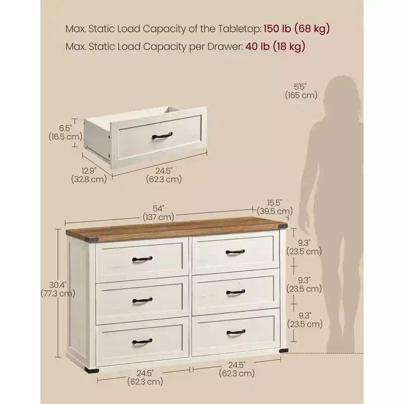 Commode 6 tiroirs, 137 cm de large, style ferme moderne, meuble TV avec poignées en métal et dispositifs anti-basculement