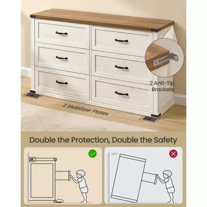 Commode 6 tiroirs, 137 cm de large, style ferme moderne, meuble TV avec poignées en métal et dispositifs anti-basculement