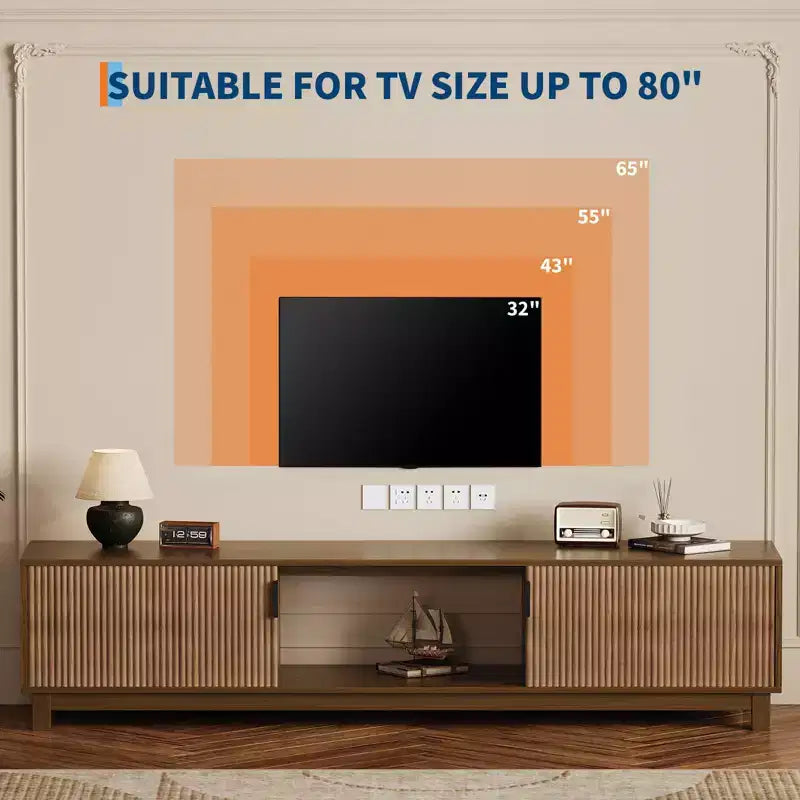 Meuble TV bas 70 pouces avec portes cannelées et étagère de rangement ouverte – Noyer