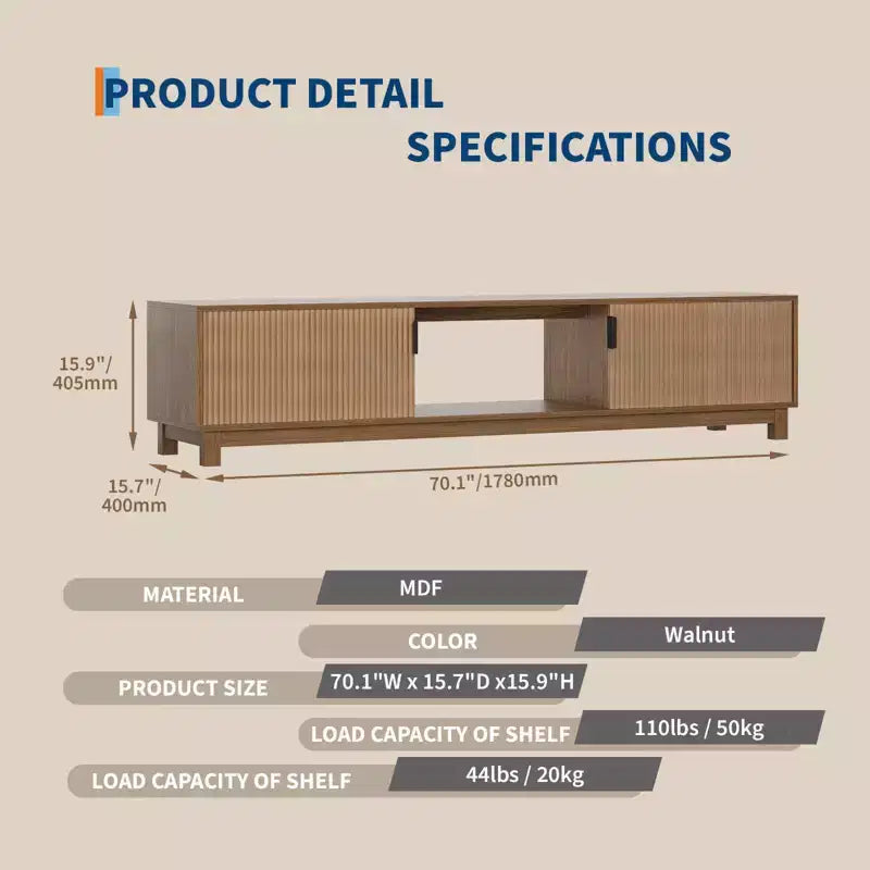 Meuble TV bas 70 pouces avec portes cannelées et étagère de rangement ouverte – Noyer