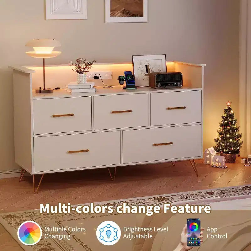 Commode à 5 tiroirs avec lumières LED et station de charge