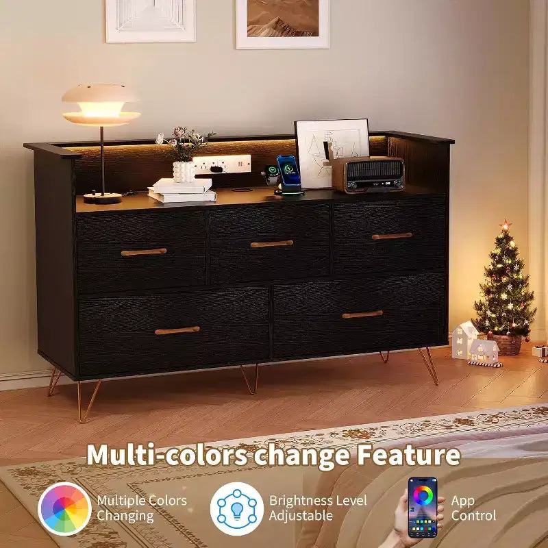 Commode à 5 tiroirs avec lumières LED et station de charge