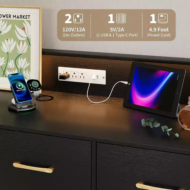 Commode à 5 tiroirs avec lumières LED et station de charge