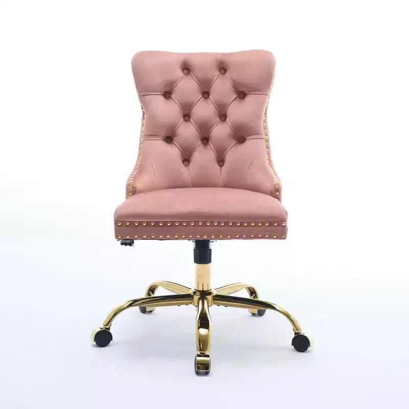 Chaise de bureau réglable en velours avec piètement en métal doré, rose