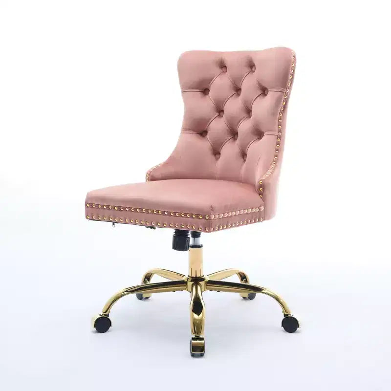 Chaise de bureau réglable en velours avec piètement en métal doré, rose
