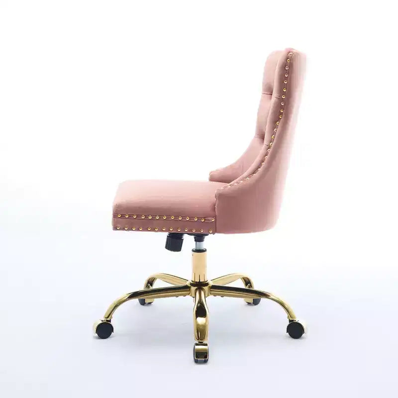 Chaise de bureau réglable en velours avec piètement en métal doré, rose