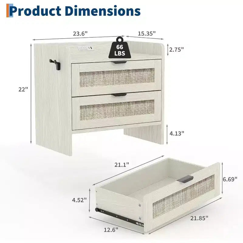Table de chevet en rotin avec station de charge, table de chevet bohème à 2 tiroirs avec ports Type-C et USB