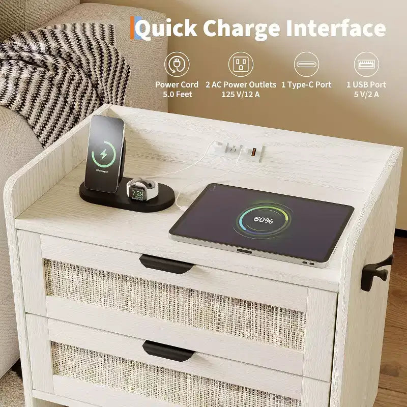 Table de chevet en rotin avec station de charge, table de chevet bohème à 2 tiroirs avec ports Type-C et USB