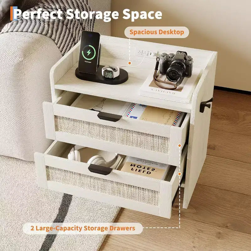 Table de chevet en rotin avec station de charge, table de chevet bohème à 2 tiroirs avec ports Type-C et USB