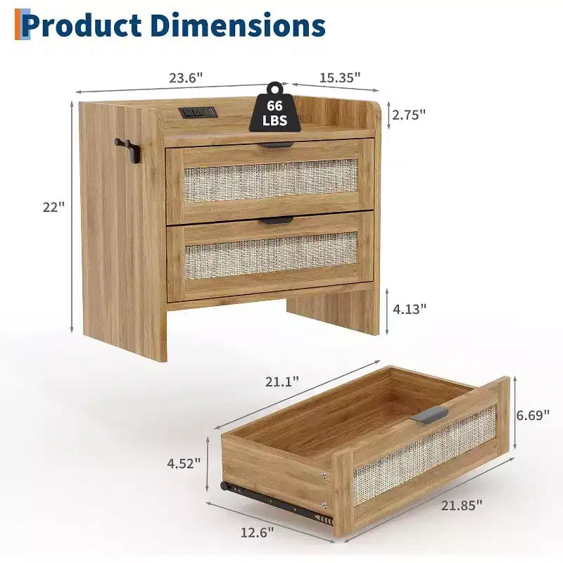Table de chevet en rotin avec station de charge, table de chevet bohème à 2 tiroirs avec ports Type-C et USB