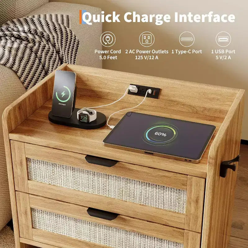 Table de chevet en rotin avec station de charge, table de chevet bohème à 2 tiroirs avec ports Type-C et USB