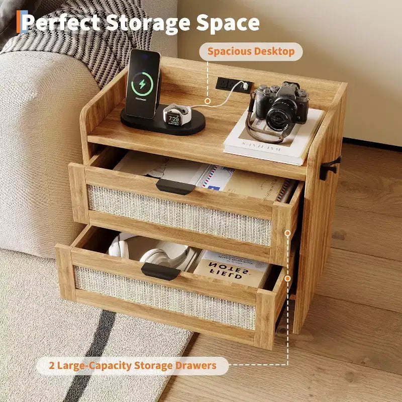 Table de chevet en rotin avec station de charge, table de chevet bohème à 2 tiroirs avec ports Type-C et USB