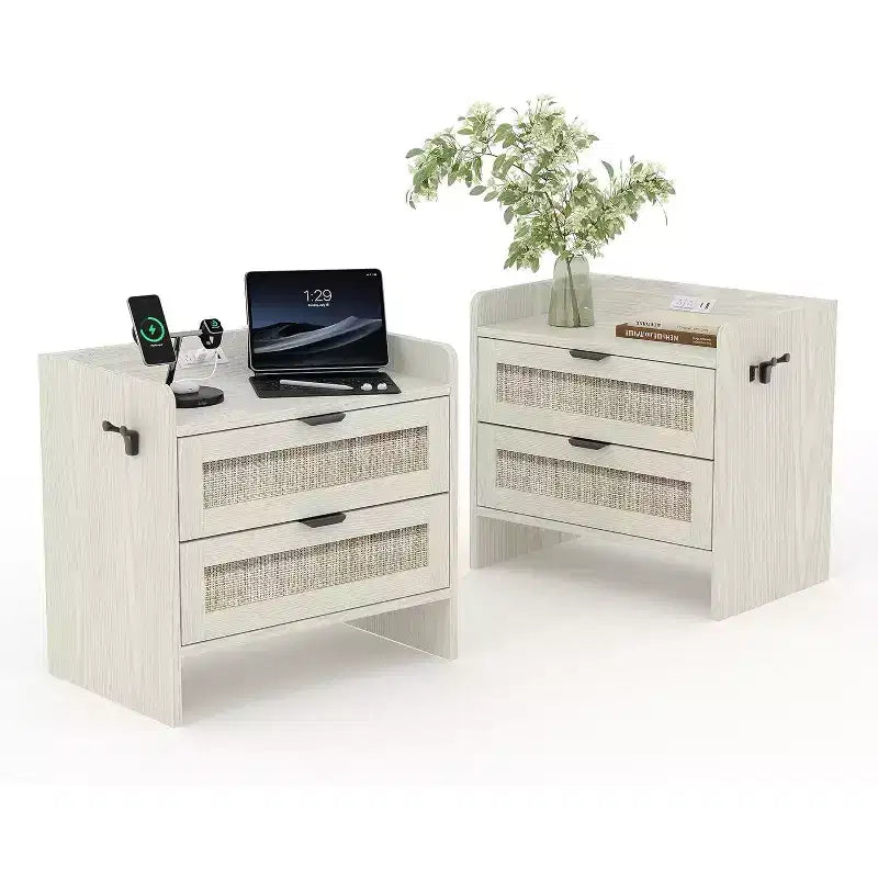 Table de chevet en rotin avec station de charge, table de chevet bohème à 2 tiroirs avec ports Type-C et USB