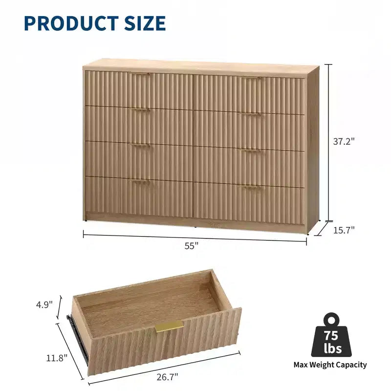Commode de chambre à 8 tiroirs cannelés avec poignées métalliques – 139,9 cm L x 40 cm P x 80 cm H, Bois d'ingénierie