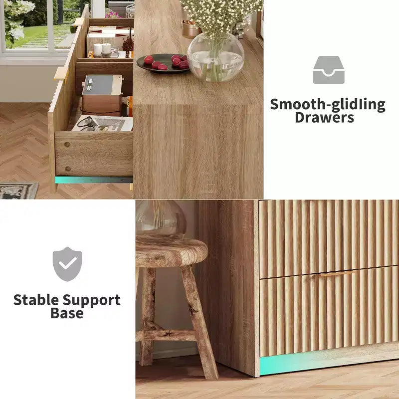 Commode de chambre à 8 tiroirs cannelés avec poignées métalliques – 139,9 cm L x 40 cm P x 80 cm H, Bois d'ingénierie