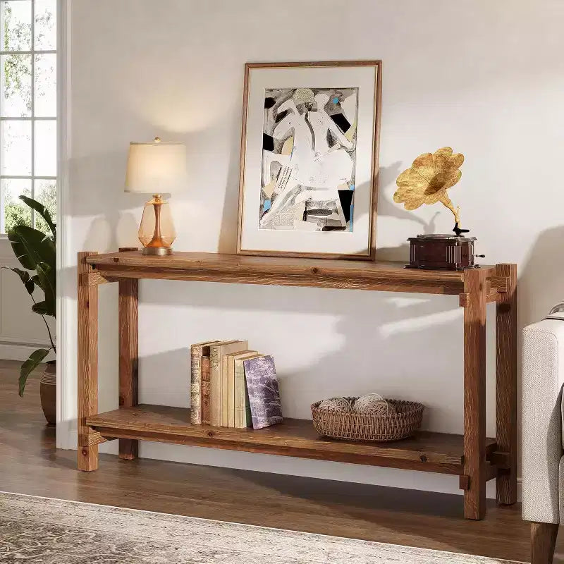 Console étroite en bois massif avec rangement double couche – 160 cm (P) x 30 cm (L) x 80 cm (H), marron