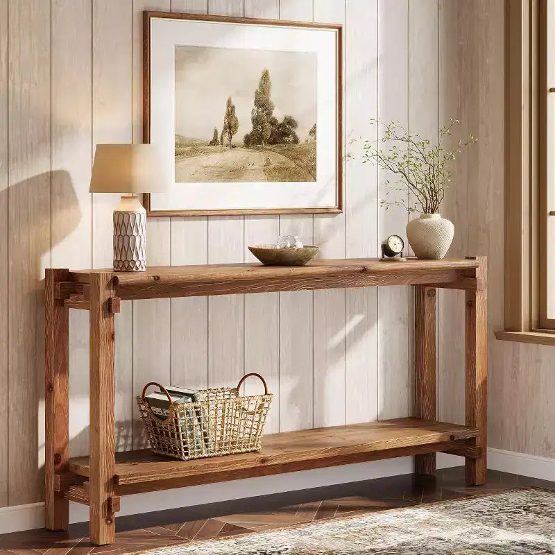 Console étroite en bois massif avec rangement double couche – 160 cm (P) x 30 cm (L) x 80 cm (H), marron