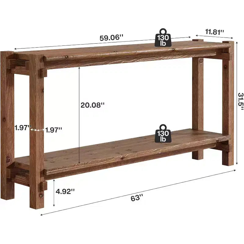 Console étroite en bois massif avec rangement double couche – 160 cm (P) x 30 cm (L) x 80 cm (H), marron