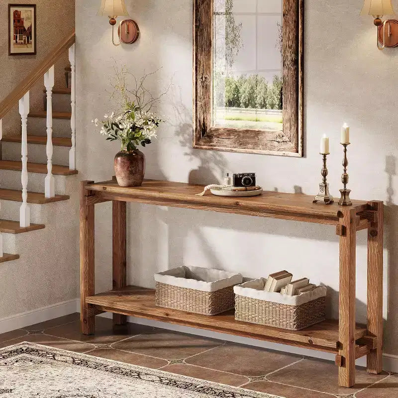 Console étroite en bois massif avec rangement double couche – 160 cm (P) x 30 cm (L) x 80 cm (H), marron