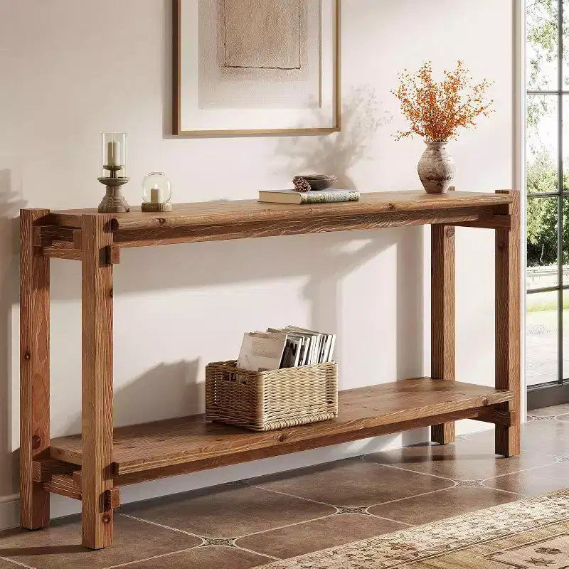 Console étroite en bois massif avec rangement double couche – 160 cm (P) x 30 cm (L) x 80 cm (H), marron