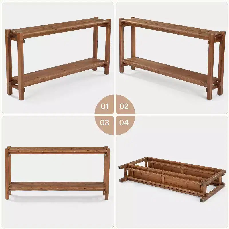 Console étroite en bois massif avec rangement double couche – 160 cm (P) x 30 cm (L) x 80 cm (H), marron