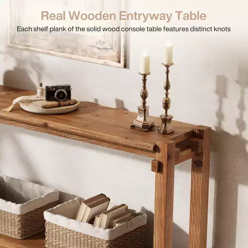 Console étroite en bois massif avec rangement double couche – 160 cm (P) x 30 cm (L) x 80 cm (H), marron