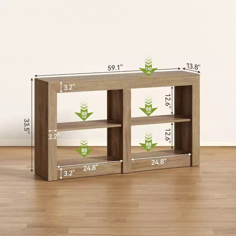 Console de 150 cm avec étagère à 2 niveaux et 4 casiers ouverts, rectangulaire, couleur chêne – 150 cm (L) x 35 cm (l) x 85 cm (H)