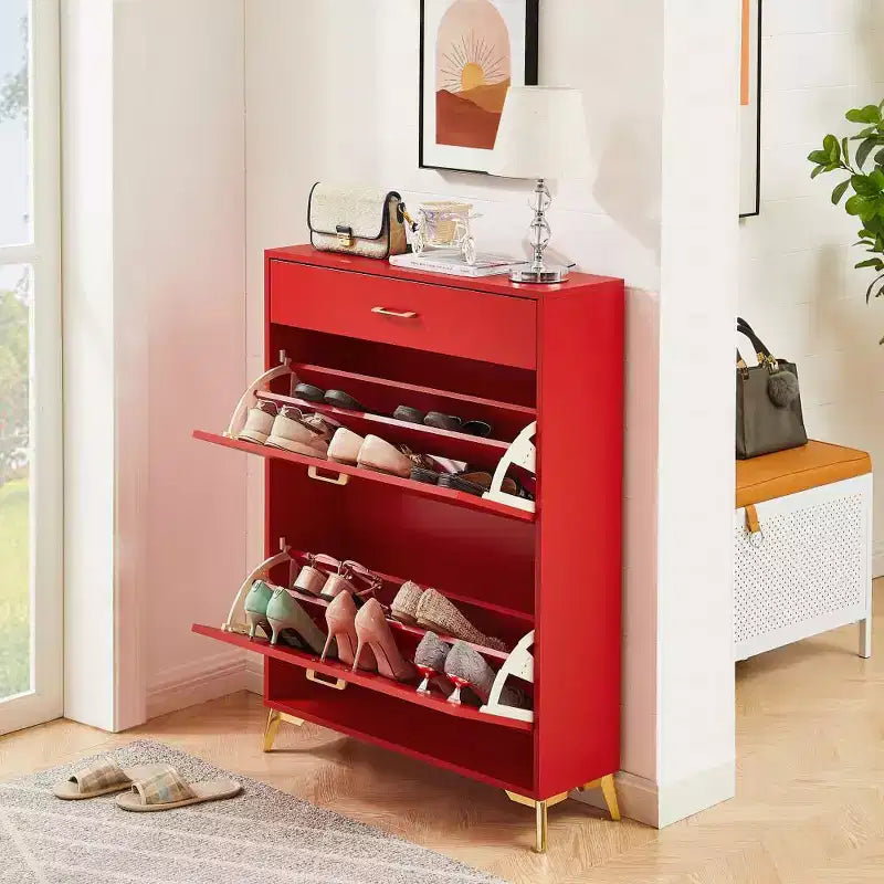 Meuble à chaussures autoportant avec 2 tiroirs basculants, intérieur à 2 niveaux et étagère inférieure en métal, peut contenir 12 paires – 81,3 cm (L) x 25,4 cm (P) x 109,2 cm (H)