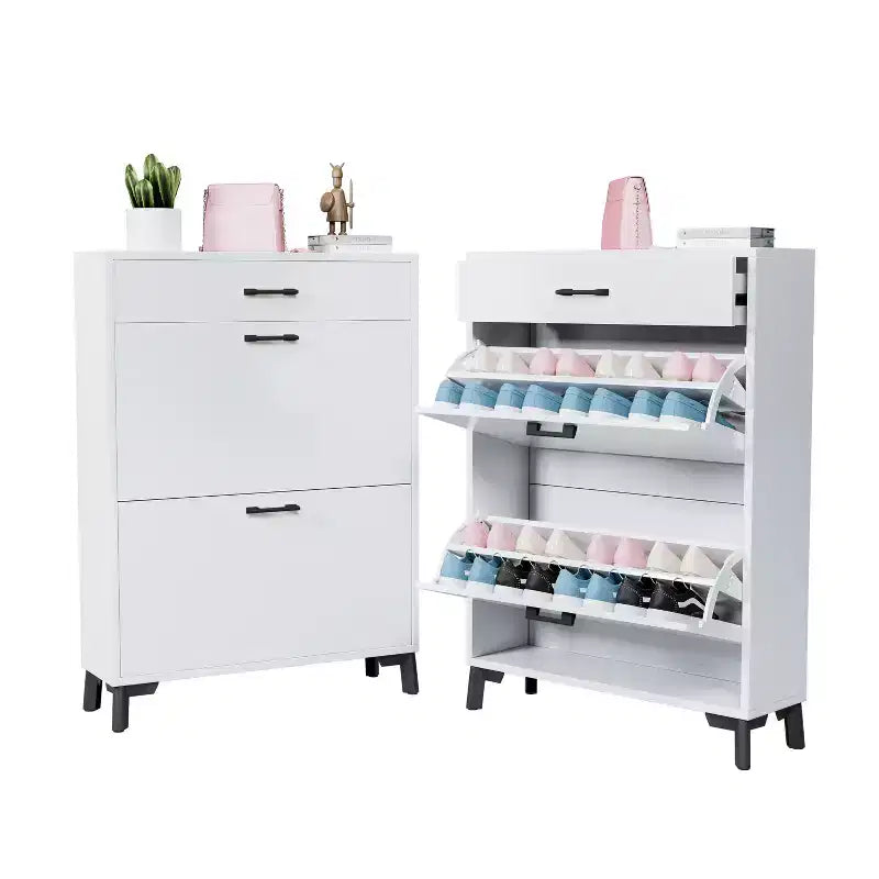 Meuble à chaussures autoportant avec 2 tiroirs basculants, intérieur à 2 niveaux et étagère inférieure en métal, peut contenir 12 paires – 81,3 cm (L) x 25,4 cm (P) x 109,2 cm (H)