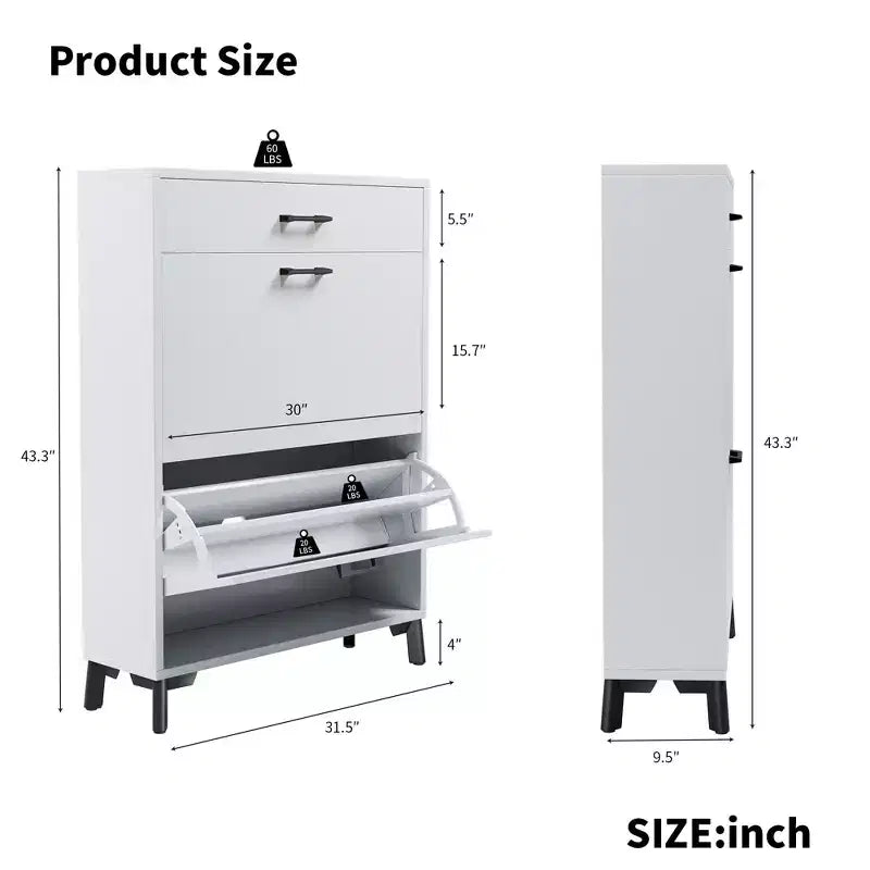 Meuble à chaussures autoportant avec 2 tiroirs basculants, intérieur à 2 niveaux et étagère inférieure en métal, peut contenir 12 paires – 81,3 cm (L) x 25,4 cm (P) x 109,2 cm (H)