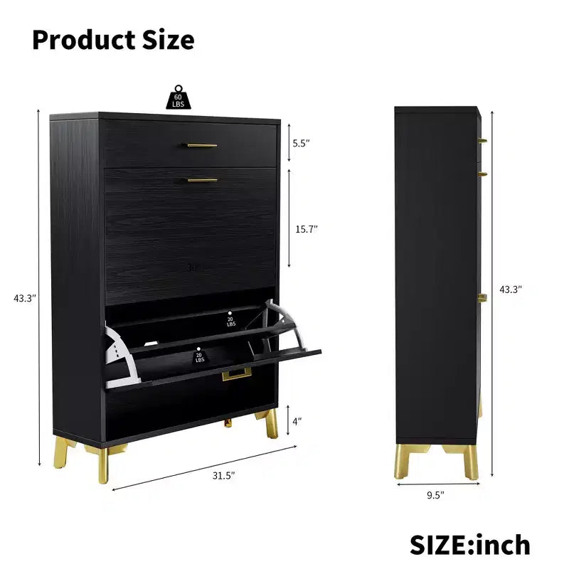 Meuble à chaussures autoportant avec 2 tiroirs basculants, intérieur à 2 niveaux et étagère inférieure en métal, peut contenir 12 paires – 81,3 cm (L) x 25,4 cm (P) x 109,2 cm (H)