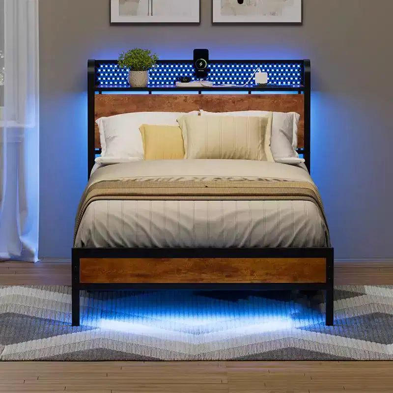 Cadre de Lit Plateforme Métallique pour Lit Jumeau avec Lumières LED et Station de Recharge – 208 cm (L) x 102 cm (l) x 108 cm (H)