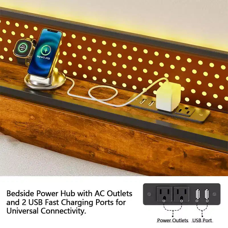 Cadre de Lit Plateforme Métallique pour Lit Jumeau avec Lumières LED et Station de Recharge – 208 cm (L) x 102 cm (l) x 108 cm (H)