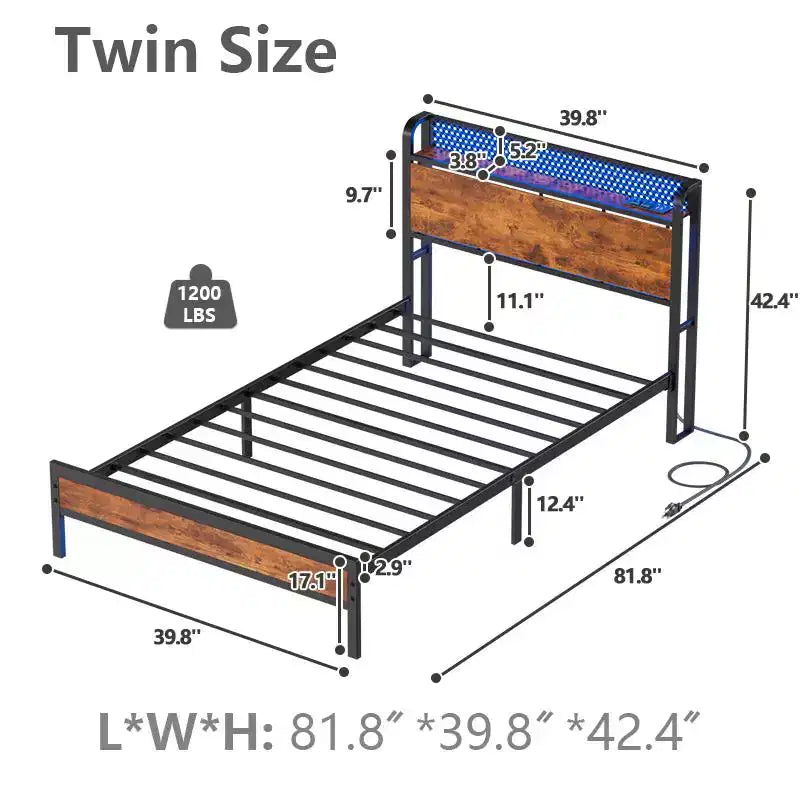 Cadre de Lit Plateforme Métallique pour Lit Jumeau avec Lumières LED et Station de Recharge – 208 cm (L) x 102 cm (l) x 108 cm (H)