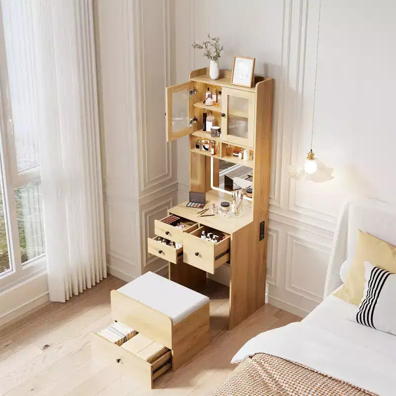 Coiffeuse 3 en 1 avec miroir réglable, tiroirs de rangement, portes en acrylique, compartiment à bijoux et tabouret rembourré