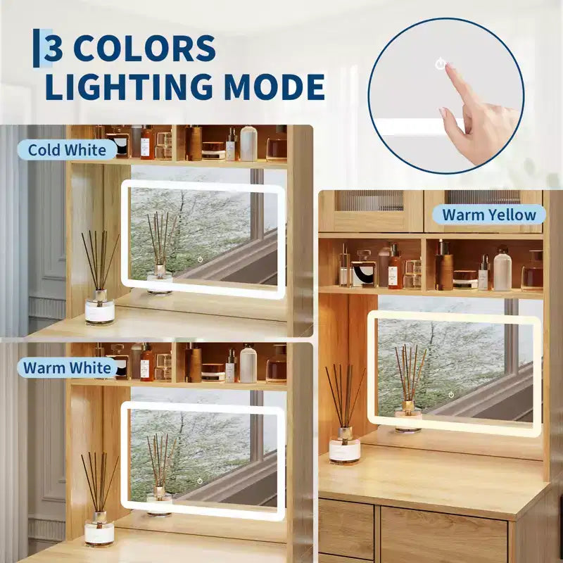 Coiffeuse 3 en 1 avec miroir réglable, tiroirs de rangement, portes en acrylique, compartiment à bijoux et tabouret rembourré