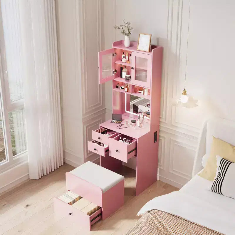 Coiffeuse 3 en 1 avec miroir réglable, tiroirs de rangement, portes en acrylique, compartiment à bijoux et tabouret rembourré