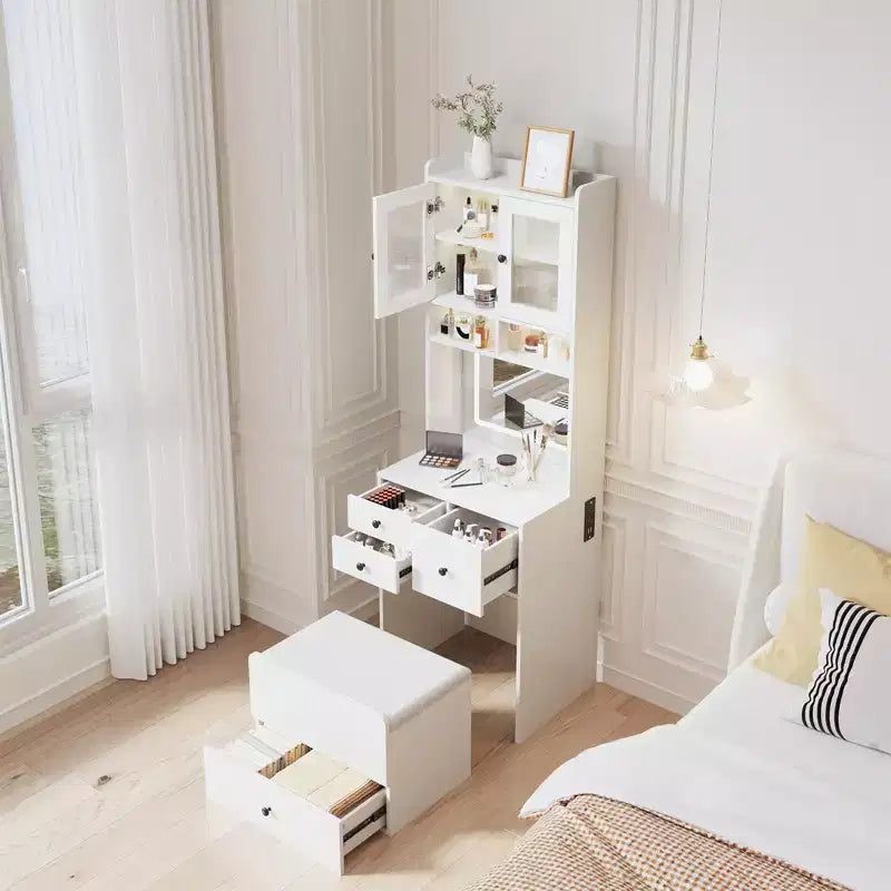 Coiffeuse 3 en 1 avec miroir réglable, tiroirs de rangement, portes en acrylique, compartiment à bijoux et tabouret rembourré