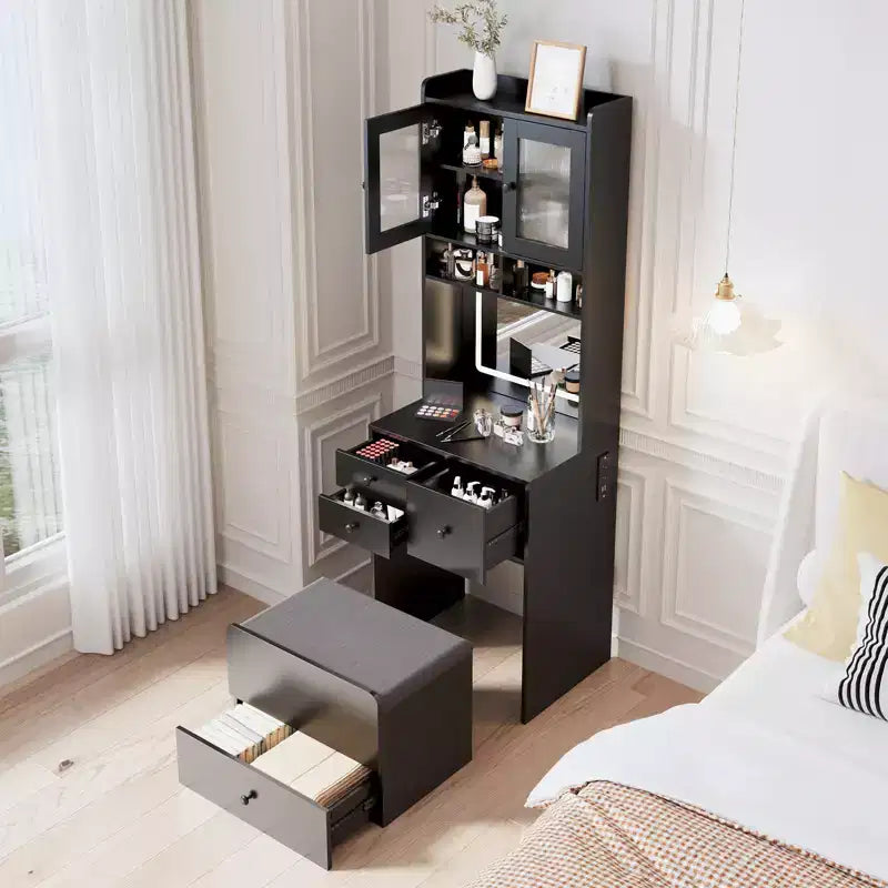 Coiffeuse 3 en 1 avec miroir réglable, tiroirs de rangement, portes en acrylique, compartiment à bijoux et tabouret rembourré