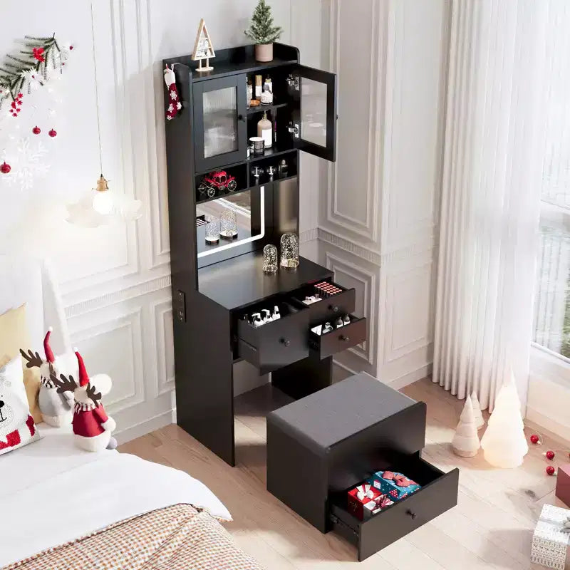 Coiffeuse 3 en 1 avec miroir réglable, tiroirs de rangement, portes en acrylique, compartiment à bijoux et tabouret rembourré