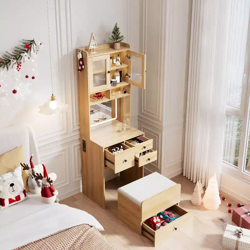 Coiffeuse 3 en 1 avec miroir réglable, tiroirs de rangement, portes en acrylique, compartiment à bijoux et tabouret rembourré
