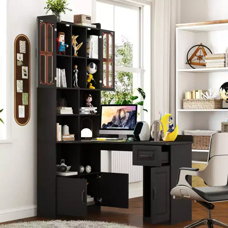 Bureau d'angle en L avec huche, étagère, 4 armoires et 1 tiroir, bureau d'étude 2-en-1 pour bureau à domicile – 140 cm (L) x 80 cm (P) x 195 cm (H)