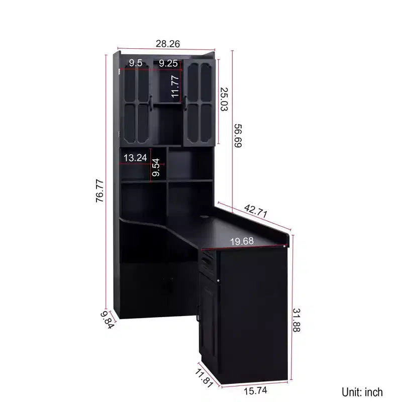 Bureau d'angle en L avec huche, étagère, 4 armoires et 1 tiroir, bureau d'étude 2-en-1 pour bureau à domicile – 140 cm (L) x 80 cm (P) x 195 cm (H)