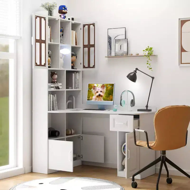 Bureau d'angle en L avec huche, étagère, 4 armoires et 1 tiroir, bureau d'étude 2-en-1 pour bureau à domicile – 140 cm (L) x 80 cm (P) x 195 cm (H)