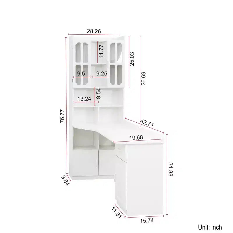 Bureau d'angle en L avec huche, étagère, 4 armoires et 1 tiroir, bureau d'étude 2-en-1 pour bureau à domicile – 140 cm (L) x 80 cm (P) x 195 cm (H)