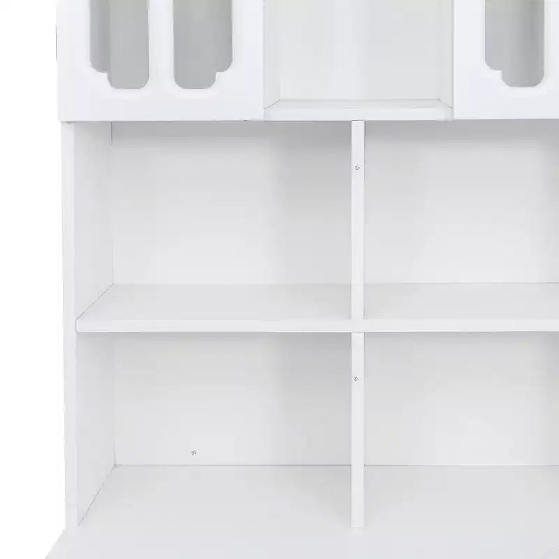 Bureau d'angle en L avec huche, étagère, 4 armoires et 1 tiroir, bureau d'étude 2-en-1 pour bureau à domicile – 140 cm (L) x 80 cm (P) x 195 cm (H)
