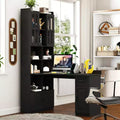 Bureau d'angle en L avec huche, étagère, 4 armoires et 1 tiroir, bureau d'étude 2-en-1 pour bureau à domicile – 140 cm (L) x 80 cm (P) x 195 cm (H)