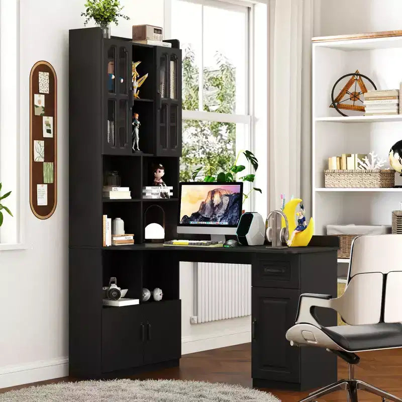 Bureau d'angle en L avec huche, étagère, 4 armoires et 1 tiroir, bureau d'étude 2-en-1 pour bureau à domicile – 140 cm (L) x 80 cm (P) x 195 cm (H)